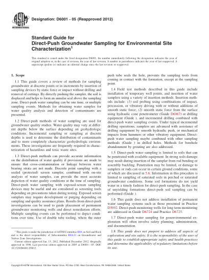 ASTM D6001-2005(2012)環(huán)境場所描述用直壓地下水取樣指南Standard Guide for Direct-Push Groundwater Sampling for Environmental Site Characterization
