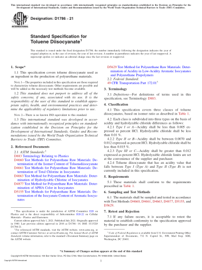 ASTM D1786-2021Standard Specification for Toluene Diisocyanate
