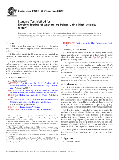 ASTM D4938-1989(2013)Standard Test Method for Erosion Testing of Antifouling Paints Using High Velocity Water