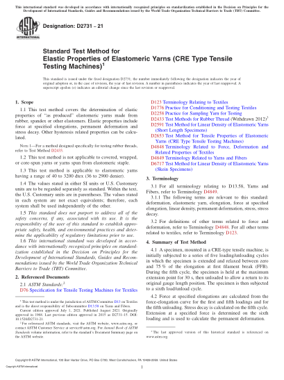 ASTM D2731-2021Standard Test Method for Elastic Properties of Elastomeric Yarns (CRE Type Tensile Testing Machines)