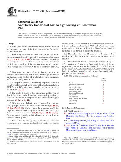 ASTM E1768-1995(2013)Standard Guide for Ventilatory Behavioral Toxicology Testing of Freshwater Fish