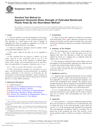 ASTM D4475-2021Standard Test Method for Apparent Horizontal Shear Strength of Pultruded Reinforced Plastic Rods By the Short-Beam Method