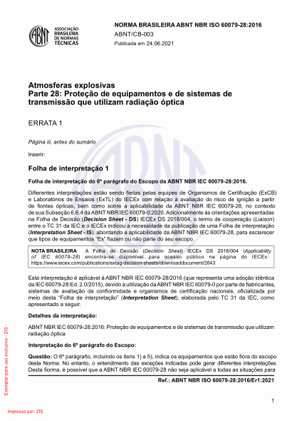 ABNT NBR IEC 60079-28-2016/Errata 1-2021