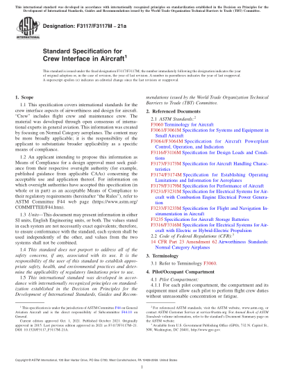 ASTM F3117/F3117M-2021aStandard Specification for Crew Interface in Aircraft