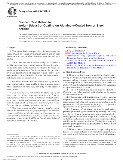 ASTM A428/A428M-2021Standard Test Method for Weight [Mass] of Coating on Aluminum-Coated Iron or Steel Articles