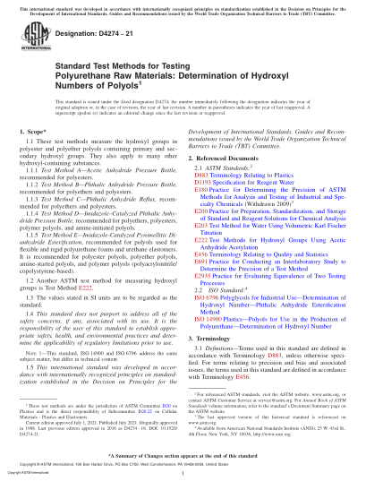 ASTM D4274-2021Standard Test Methods for Testing Polyurethane Raw Materials: Determination of Hydroxyl Numbers of Polyols