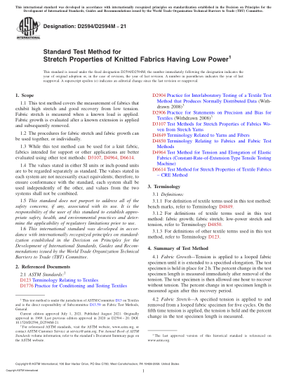 ASTM D2594/D2594M-2021Standard Test Method for Stretch Properties of Knitted Fabrics Having Low Power
