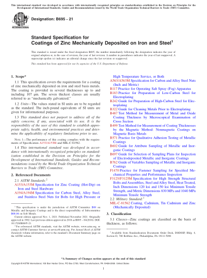 ASTM B695-2021Standard Specification for Coatings of Zinc Mechanically Deposited on Iron and Steel