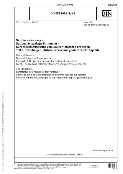 DIN EN 1998-5/NA-2021National Annex - National determined parameters - Eurocode 8: Design of structures for earthquake resistance - Part 5: Foundations, retaining structures and geotechnical aspects