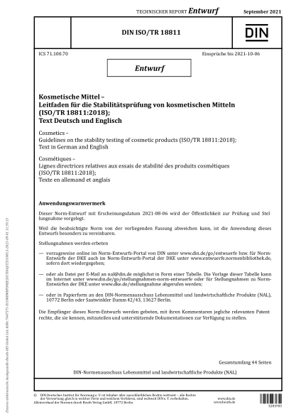 DIN ISO/TR 18811-2021Cosmetics - Guidelines on the stability testing of cosmetic products (ISO/TR 18811:2018); Text in German and English