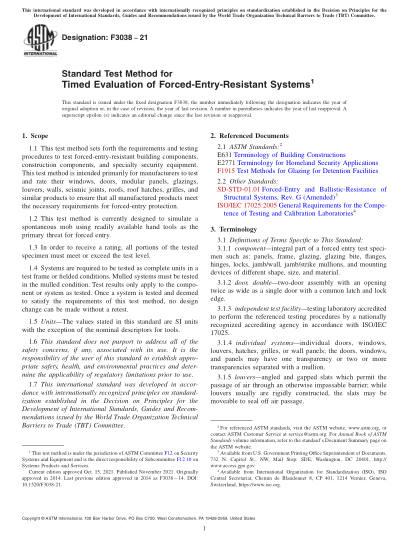ASTM F3038-2021Standard Test Method for Timed Evaluation of Forced-Entry-Resistant Systems