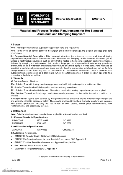 GMW 18377-2021Material And Process Testing Requirements For Hot Stamped Aluminum And Stamping Suppliers (Issue 1; English)
