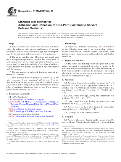 ASTM C1216/C1216M-2013單件式彈性體溶劑釋放性密封膠附著性和粘合性試驗(yàn)方法Standard Test Method for Adhesion and Cohesion of One-Part Elastomeric Solvent Release Sealants