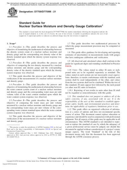 ASTM D7759/D7759M-2021Standard Guide for Nuclear Surface Moisture and Density Gauge Calibration