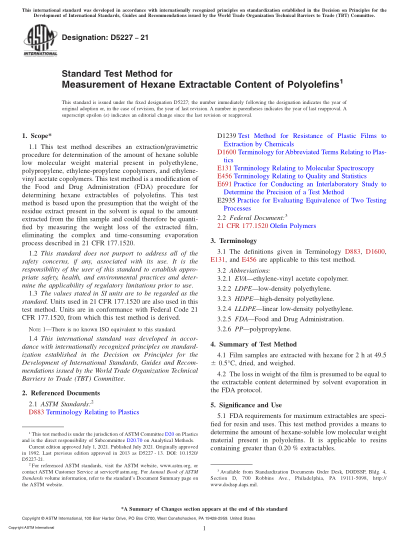 ASTM D5227-2021Standard Test Method for Measurement of Hexane Extractable Content of Polyolefins