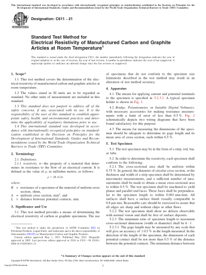 ASTM C611-2021Standard Test Method for Electrical Resistivity of Manufactured Carbon and Graphite Articles at Room Temperature