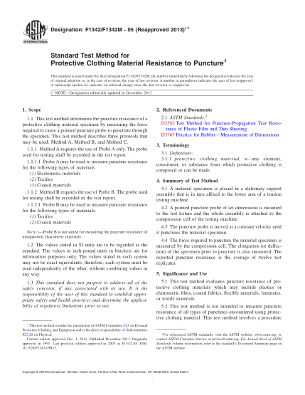 ASTM F1342/F1342M-2005(2013)e1防護服材料耐剌破性試驗方法Standard Test Method for Protective Clothing Material Resistance to Puncture