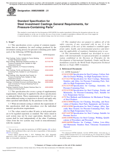 ASTM A985/A985M-2021Standard Specification for Steel Investment Castings General Requirements, for Pressure-Containing Parts