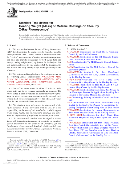 ASTM A754/A754M-2021Standard Test Method for Coating Weight [Mass] of Metallic Coatings on Steel by X-Ray Fluorescence