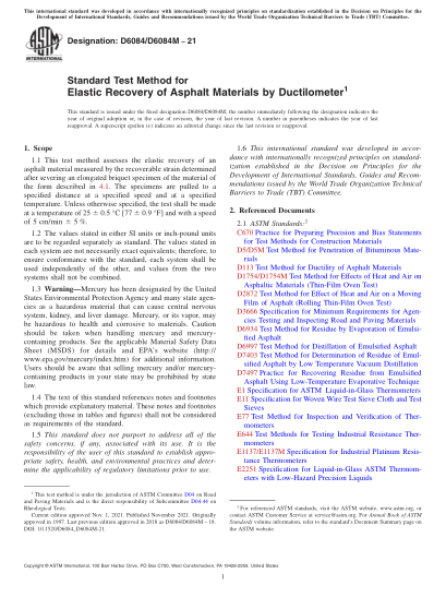 ASTM D6084/D6084M-2021Standard Test Method for Elastic Recovery of Asphalt Materials by Ductilometer