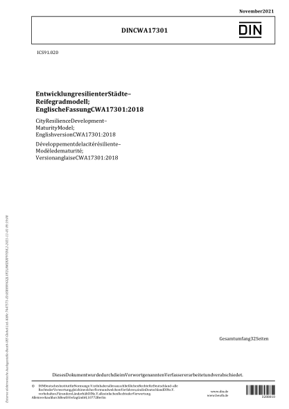DIN CWA 17301-2021City Resilience Development - Maturity Model; English version CWA 17301:2018