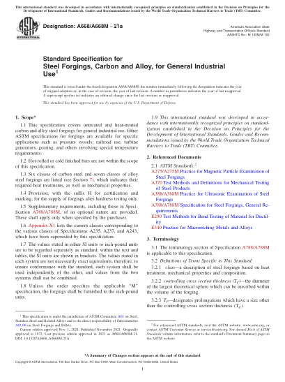 ASTM A668/A668M-2021aStandard Specification for Steel Forgings, Carbon and Alloy, for General Industrial Use