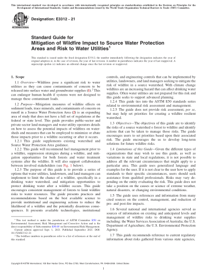 ASTM E3312-2021減輕野火對水源保護(hù)區(qū)的影響和對水務(wù)公司的風(fēng)險(xiǎn)的標(biāo)準(zhǔn)指南Standard Guide for Mitigation of Wildfire Impact to Source Water Protection Areas and Risk to Water Utilities