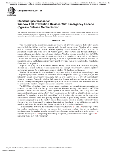ASTM F2090-2021Standard Specification for Window Fall Prevention Devices With Emergency Escape (Egress) Release Mechanisms