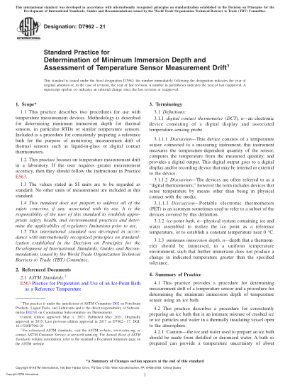 ASTM D7962-2021Standard Practice for Determination of Minimum Immersion Depth and Assessment of Temperature Sensor Measurement Drift