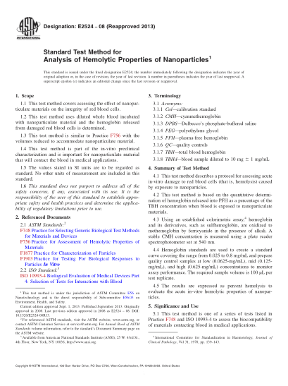 ASTM E2524-2008(2013)Standard Test Method for Analysis of Hemolytic Properties of Nanoparticles