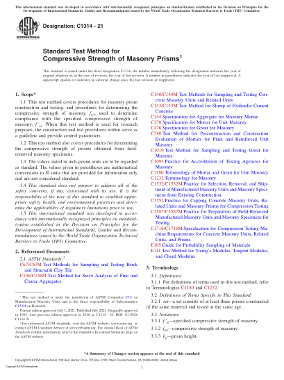 ASTM C1314-2021Standard Test Method for Compressive Strength of Masonry Prisms