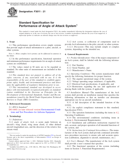 ASTM F3011-2021Standard Specification for Performance of Angle of Attack System