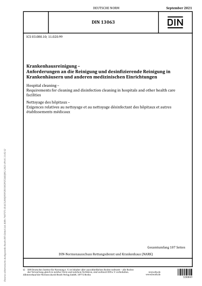DIN 13063-2021Hospital cleaning - Requirements for cleaning and disinfection cleaning in hospitals and other health care facilities
