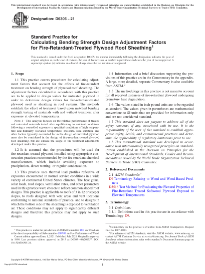 ASTM D6305-2021Standard Practice for Calculating Bending Strength Design Adjustment Factors for Fire-Retardant-Treated Plywood Roof Sheathing