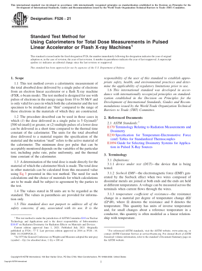ASTM F526-2021Standard Test Method for Using Calorimeters for Total Dose Measurements in Pulsed Linear Accelerator or Flash X-ray Machines