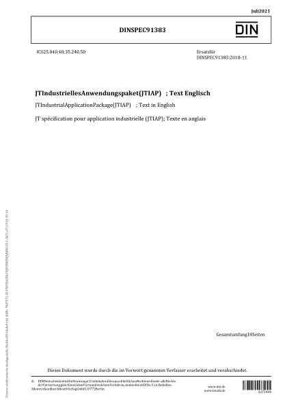 DIN SPEC 91383-2021JT Industrial Application Package (JTIAP); Text in English