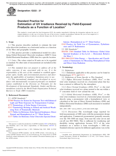 ASTM G222-2021通過位置變化估算場內(nèi)產(chǎn)品接收到的紫外線輻照度的標(biāo)準(zhǔn)實施規(guī)范Standard Practice for Estimation of UV Irradiance Received by Field-Exposed Products as a Function of Location