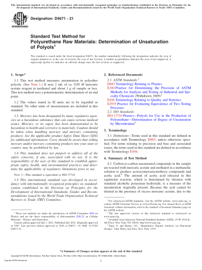 ASTM D4671-2021Standard Test Method for Polyurethane Raw Materials: Determination of Unsaturation of Polyols