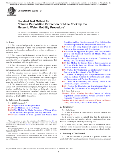ASTM E2242-2021Standard Test Method for Column Percolation Extraction of Mine Rock by the Meteoric Water Mobility Procedure