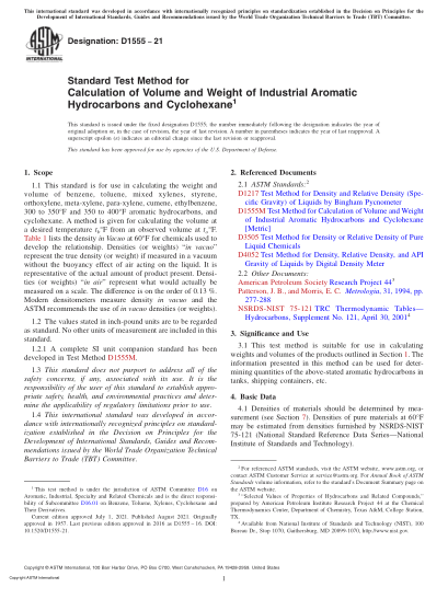 ASTM D1555-2021Standard Test Method for Calculation of Volume and Weight of Industrial Aromatic Hydrocarbons and Cyclohexane
