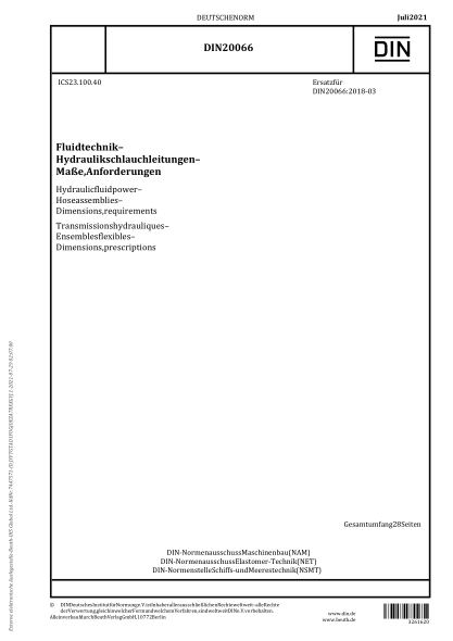 DIN 20066-2021Hydraulic fluid power - Hose assemblies - Dimensions, requirements