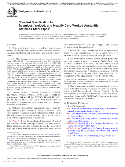 ASTM A312/A312M-2021Standard Specification for Seamless, Welded, and Heavily Cold Worked Austenitic Stainless Steel Pipes