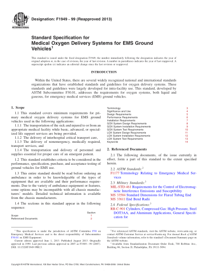 ASTM F1949-1999(2013)Standard Specification for Medical Oxygen Delivery Systems for EMS Ground Vehicles