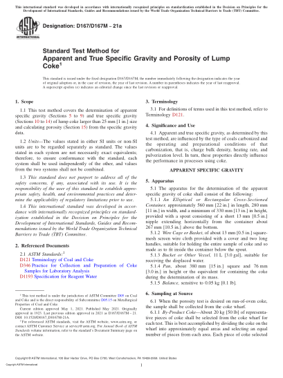 ASTM D167/D167M-2021aStandard Test Method for Apparent and True Specific Gravity and Porosity of Lump Coke