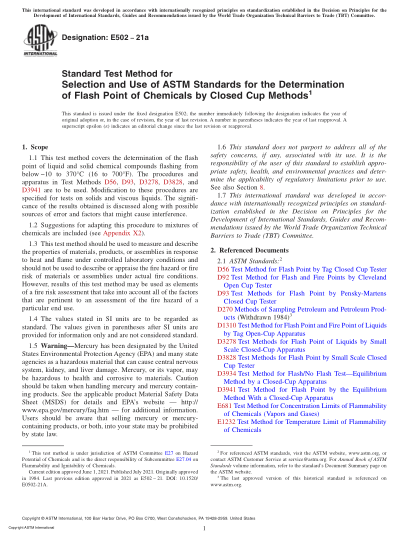 ASTM E502-2021aStandard Test Method for Selection and Use of ASTM Standards for the Determination of Flash Point of Chemicals by Closed Cup Methods