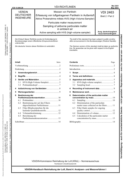 VDI 2463 Blatt 2-2021Particulate matter measurement - Sampling of airborne particulate matter in ambient air - Active sampling with HVS (high volume sampler)