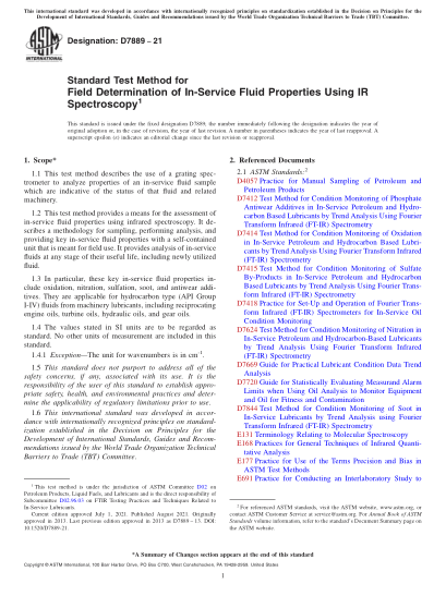 ASTM D7889-2021Standard Test Method for Field Determination of In-Service Fluid Properties Using IR Spectroscopy