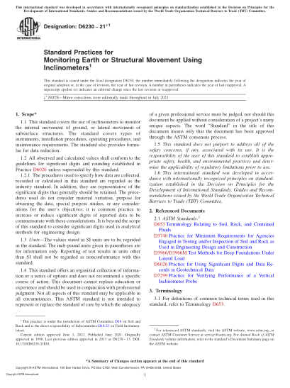 ASTM D6230-2021e1Standard Practices for Monitoring Earth or Structural Movement Using Inclinometers