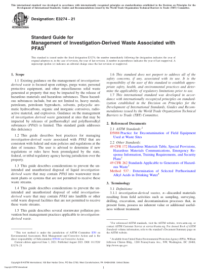 ASTM E3274-2021與PFAS有關(guān)的調(diào)查衍生廢物管理的標(biāo)準(zhǔn)指南Standard Guide for Management of Investigation-Derived Waste Associated with PFAS