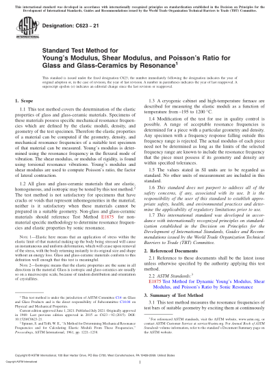 ASTM C623-2021Standard Test Method for Young's Modulus, Shear Modulus, and Poisson's Ratio for Glass and Glass-Ceramics by Resonance